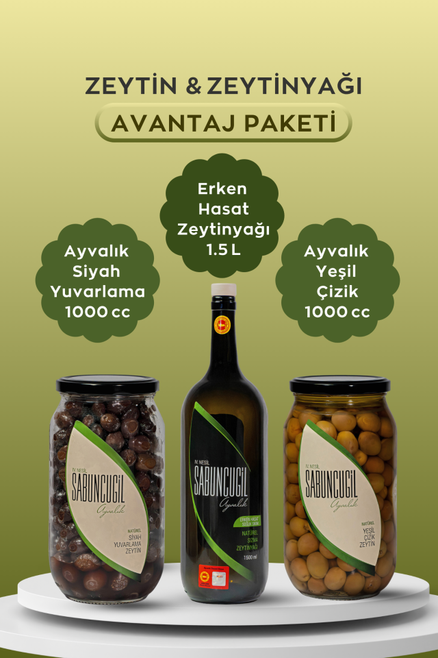 Ayvalık Erken Hasat Soğuk Sıkım Zeytinyağı & 2'li Zeytin Paketi